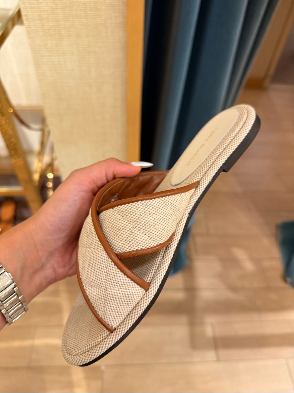 Tory Burch Willa Criss Cross Flat Slide Sandals Natural Canvas Brown Leather - Picture 4 of 7